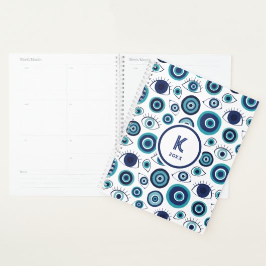 Chic Blue White Greek Evil Eye Monogram Planner (Display)