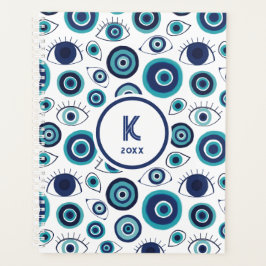 Chic Blue White Greek Evil Eye Monogram Planner