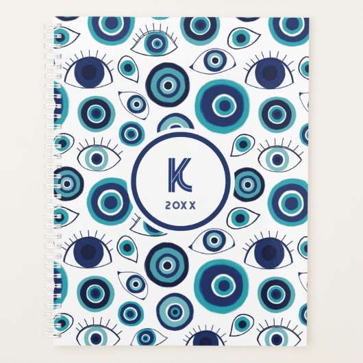Chic Blue White Greek Evil Eye Monogram Planner (Voorkant)