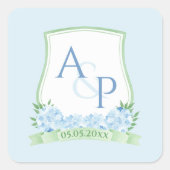 Chic Blue White Green Monogram Waterverf Crest Vierkante Sticker (Voorkant)