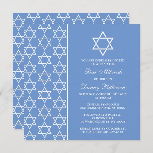Chic Blue & White Jewish Star van David Bar Mitzva Kaart (Voorkant / Achterkant)