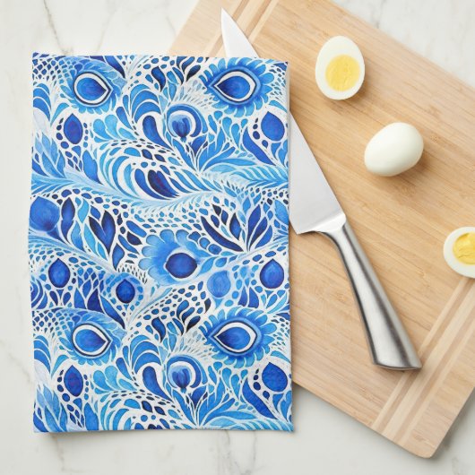 Chic Blue White Peacock Feathers Bridal Shower Theedoek (Quarter Fold)