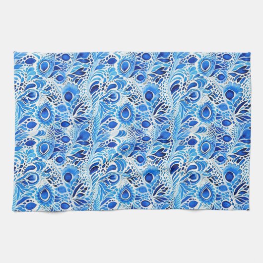 Chic Blue White Peacock Feathers Bridal Shower Theedoek (Horizontaal)