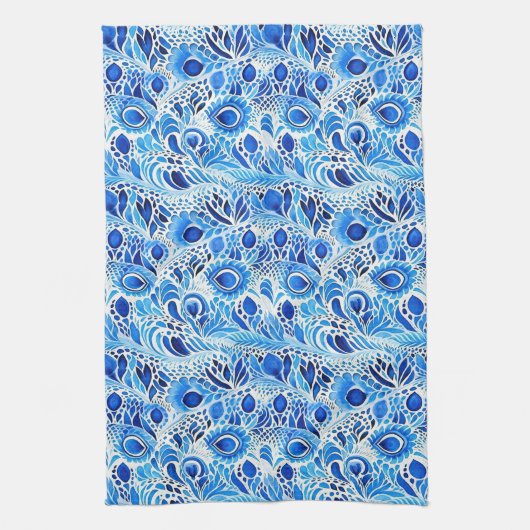 Chic Blue White Peacock Feathers Bridal Shower Theedoek (Verticaal)