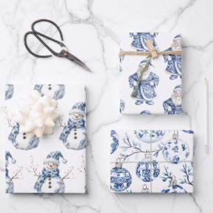 Chic Blue White Snowman Kerstman Inpakpapier Vel