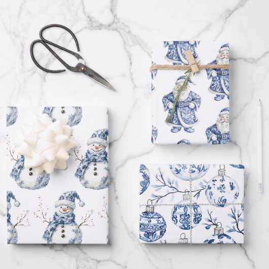 Chic Blue White Snowman Kerstman Inpakpapier Vel (Voorkant)