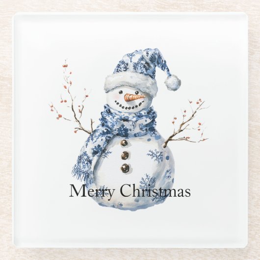 Chic Blue White Snowman Kerstmis Glazen Onderzetter (Voorkant)
