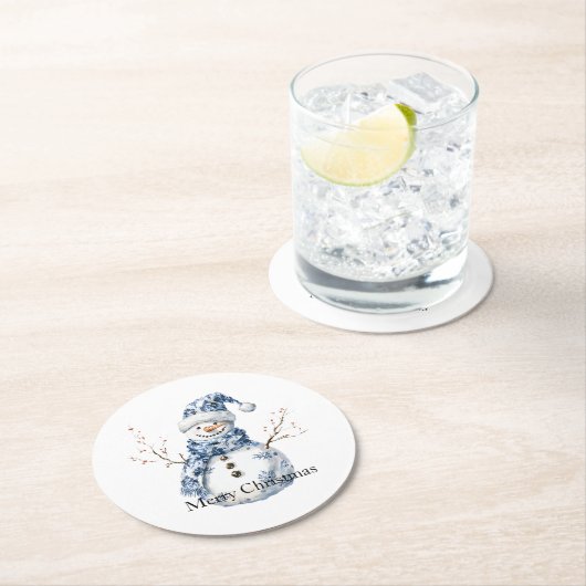 Chic Blue White Snowman Kerstmis Ronde Kartonnen Onderzetter (Insitu)