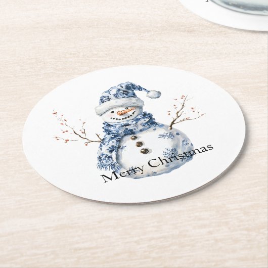 Chic Blue White Snowman Kerstmis Ronde Kartonnen Onderzetter (Gebogen)