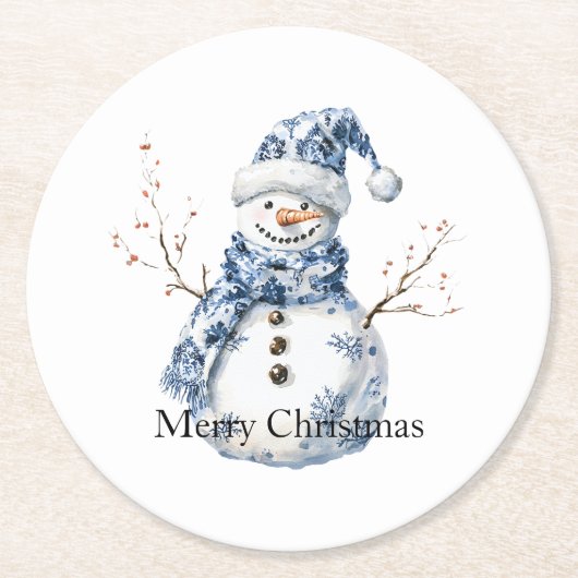 Chic Blue White Snowman Kerstmis Ronde Kartonnen Onderzetter (Voorkant)