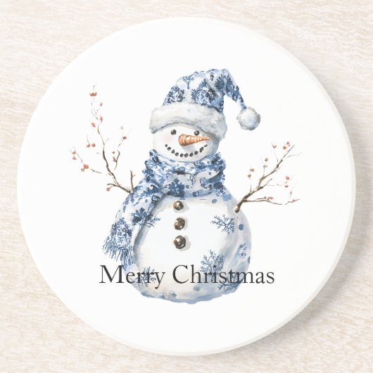 Chic Blue White Snowman Kerstmis Zandsteen Onderzetter (Voorkant)