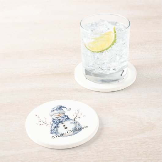 Chic Blue White Snowman Kerstmis Zandsteen Onderzetter (Zijkant)