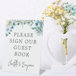 Chic Blue White Spring Floral Guest Book Reclamebord Met Voetstuk