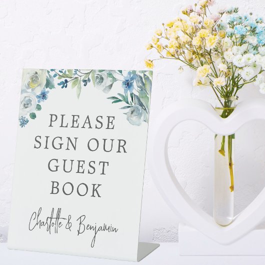 Chic Blue White Spring Floral Guest Book Reclamebord Met Voetstuk