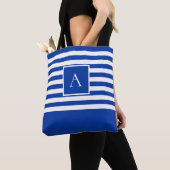 CHIC BLUE WHITE STRIPE Square Letter Monogram Tote Bag (Dichtbij)