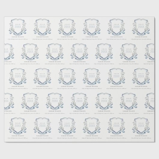 Chic Blue Wildflower Waterverf Crest Afstuderen Cadeaupapier (Vlak)