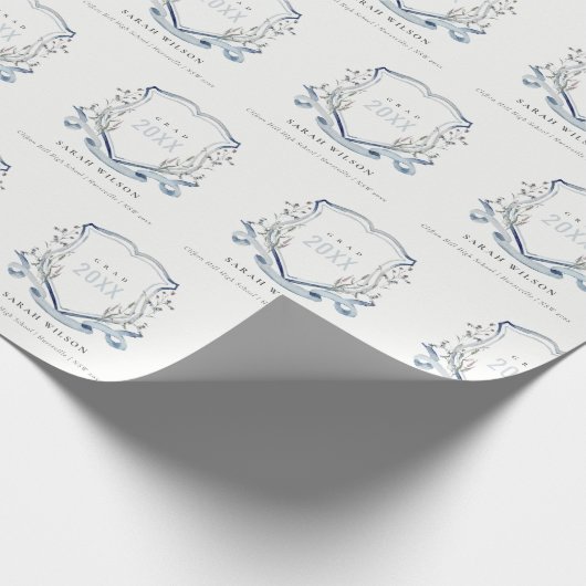 Chic Blue Wildflower Waterverf Crest Afstuderen Cadeaupapier (Hoek)