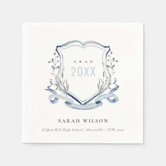 Chic Blue Wildflower Waterverf Crest Afstuderen Servet (Voorkant)