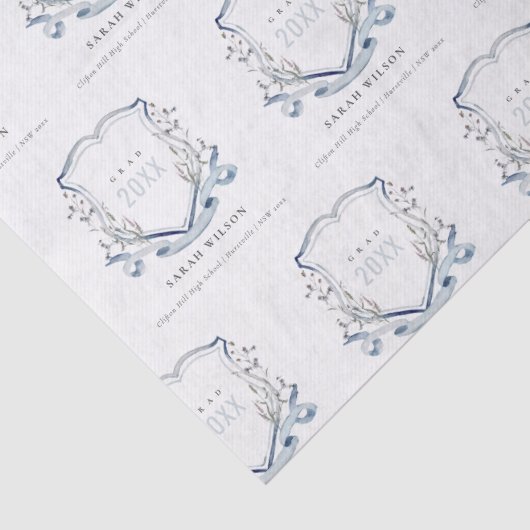 Chic Blue Wildflower Waterverf Crest Afstuderen Tissuepapier (Detail)