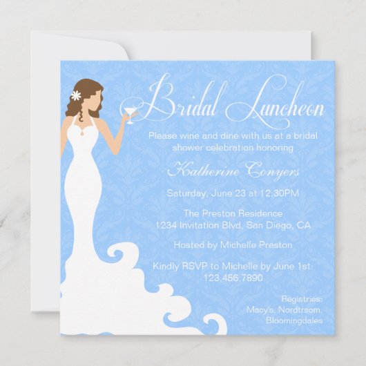 Chic Blue Wine Damask Bridal Luncheon Invitation Kaart (Voorkant)