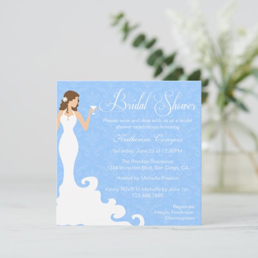 Chic Blue Wine Damask Bridal Shower Invitation Kaart (Staand voorkant)