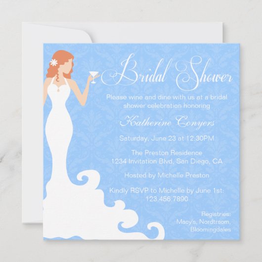 Chic Blue Wine Damask Bridal Shower Invitation Kaart (Voorkant)
