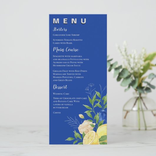 Chic Blue Yellow Floral Lemon Summer Wedding Party Menu (Staand voorkant)