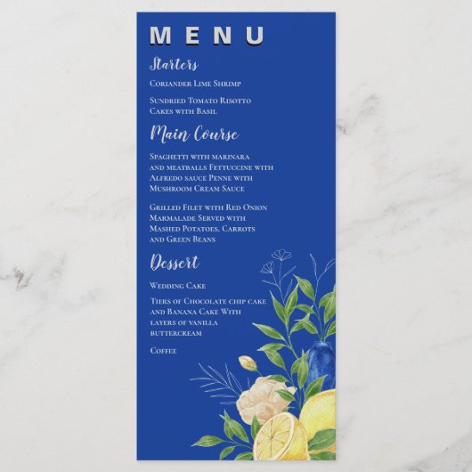 Chic Blue Yellow Floral Lemon Summer Wedding Party Menu (Voorkant)