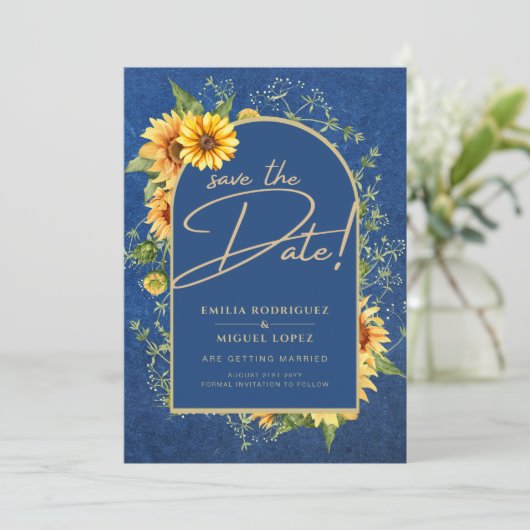Chic Blue Yellow Sunflower Wedding All-in-1 Kaart (Staand voorkant)