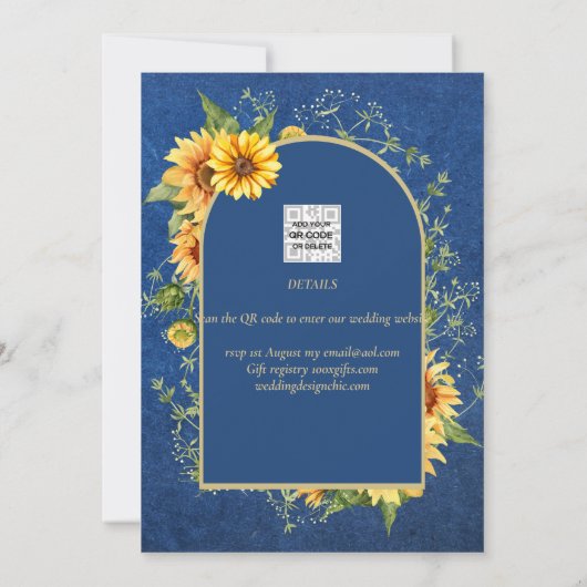 Chic Blue Yellow Sunflower Wedding All-in-1 Kaart (Achterkant)