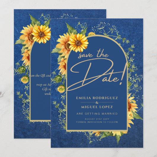 Chic Blue Yellow Sunflower Wedding All-in-1 Kaart (Voorkant / Achterkant)