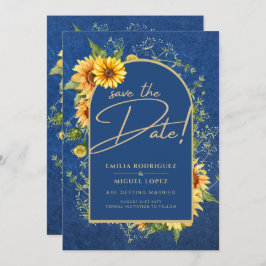 Chic Blue Yellow Sunflower Wedding All-in-1 Kaart