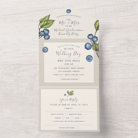 Chic Blueberries All in One Wedding Invite All In One Uitnodiging (Binnen)
