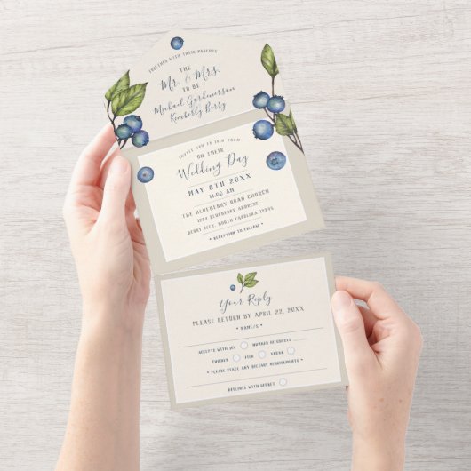 Chic Blueberries All in One Wedding Invite Uitnodiging (Afscheurbaar)