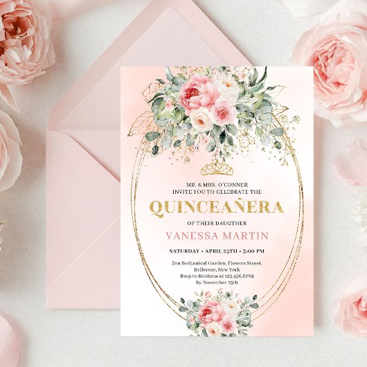 Chic Blush and Gold Boho Quinceañera Invitation Kaart