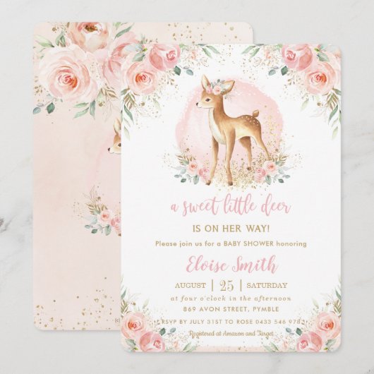 Chic Blush Bloemen Baby Herten Fawn Meisje Baby sh Kaart (Voorkant / Achterkant)