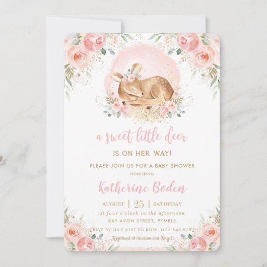Chic Blush Bloemen Baby Herten Meisje Baby shower Kaart (Voorkant)