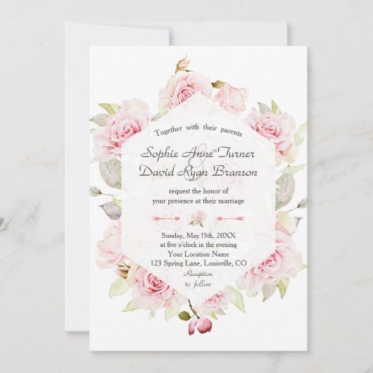 Chic Blush Bloemen Geometrische Dusty Blue Wedding Kaart (Voorkant)