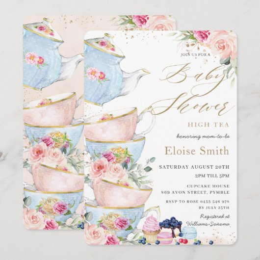 Chic Blush Bloemen High Tea Party Baby shower Kaart (Voorkant / Achterkant)