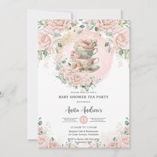 Chic Blush Bloemen High Tea Party Baby shower Kaart (Voorkant)