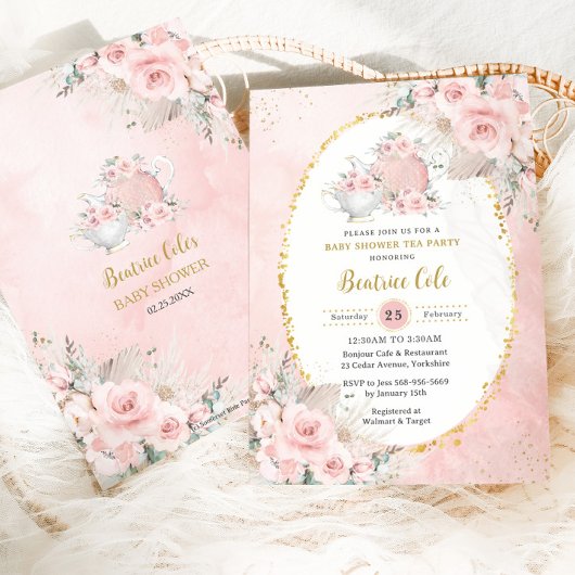 Chic Blush Bloemen Pampas Tea Party Baby shower Kaart