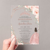 Chic Blush Bloemen Roos Goud Quinceañera Princess Acryl Uitnodigingen (Insitu (Draagbaar))