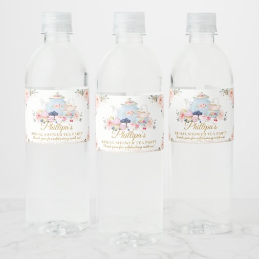 Chic Blush Bloemen Tea Party Bruids Baby shower Waterfles Etiket (Flessen)