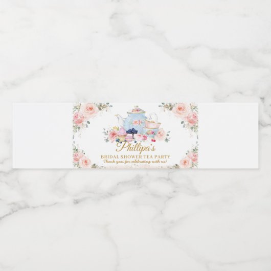 Chic Blush Bloemen Tea Party Bruids Baby shower Waterfles Etiket (Enkel label)