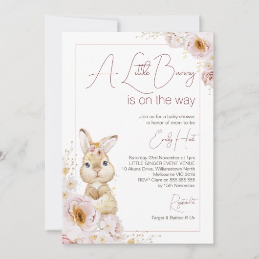 Chic Blush Boho Floral Bunny Baby shower Kaart (Voorkant)