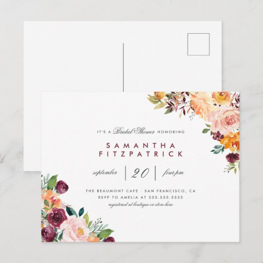 Chic Blush & Bourgogne Bloemen Vrijgezellenfeest Uitnodiging Briefkaart (Voorkant / Achterkant)