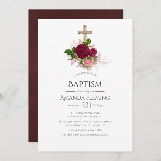  Chic Blush & Burgundy Baptism/Christening Kaart (Voorkant / Achterkant)
