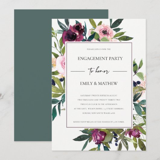 CHIC BLUSH BURGUNDY FLORAL BUNCH ENGAGTY KAART (Voorkant / Achterkant)