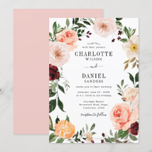 Chic Blush & Burgundy Floral Lijst Wedding Kaart