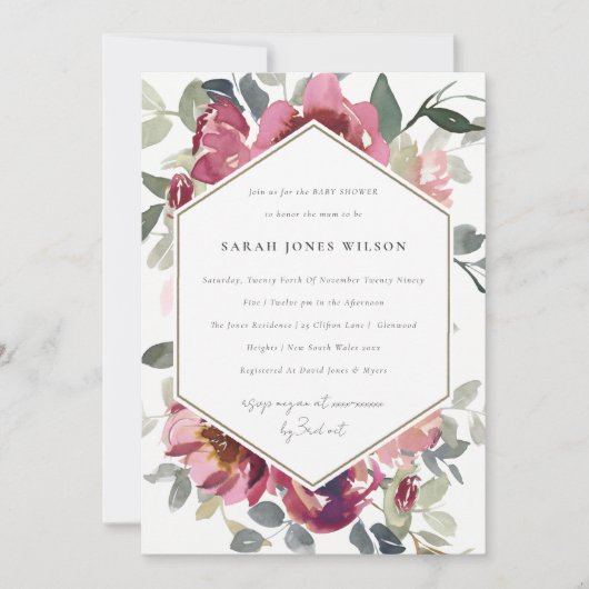 CHIC BLUSH BURGUNDY ROOS FLORAL BABY SHOWER INVITE BEDANKKAART (Voorkant)